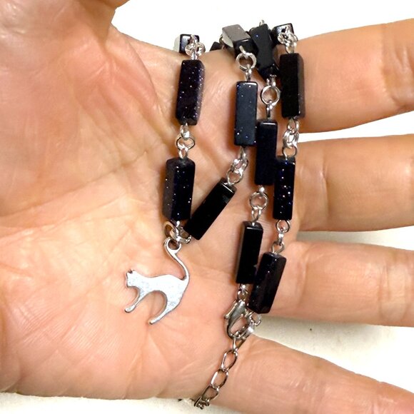 Dark Blue Goldstone Short Necklace w/ Silver Cute Slim Cat Pendant - Picture 14 of 14